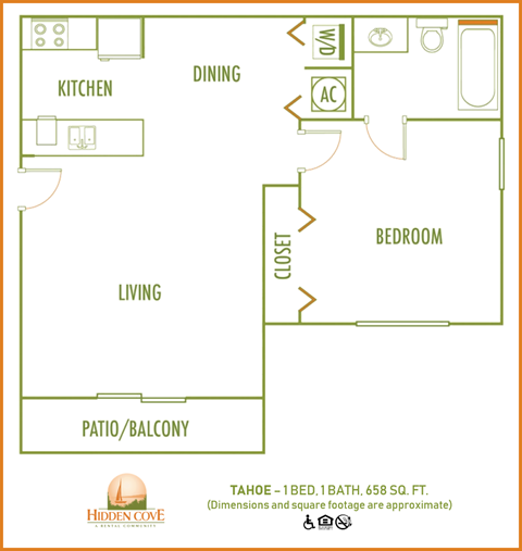 Floor plan for 1 bed, 1 bath, 658 sqft